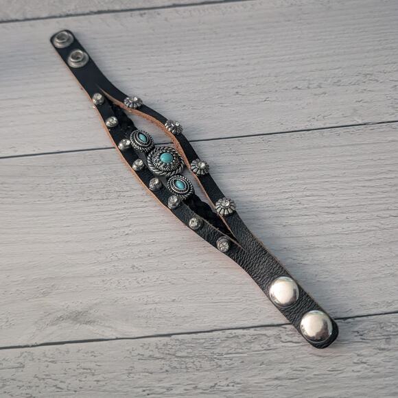 Chunky Statement Bracelet Western Theme Black, Silver Tone, Blue - Picture 7 of 7